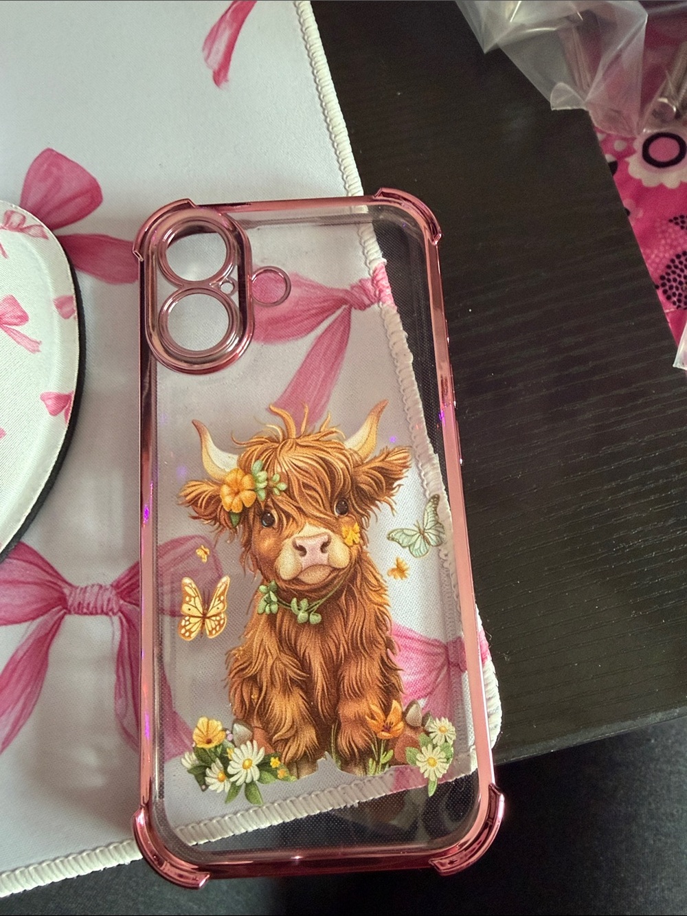 Clear iPhone 17 Pink Phone Case with Floral Highland Cow Design